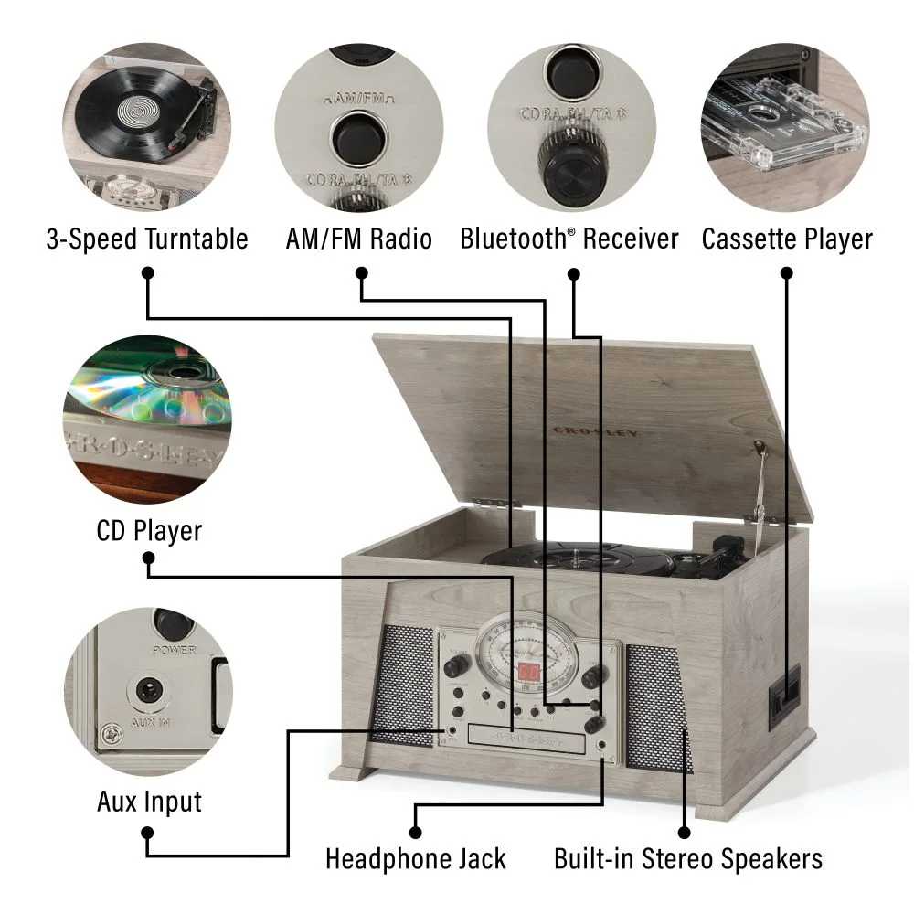 Crosley Medley Entertainment Center - Gray displays its versatile inputs, including a turntable, radio, Bluetooth, CD, cassette, and aux