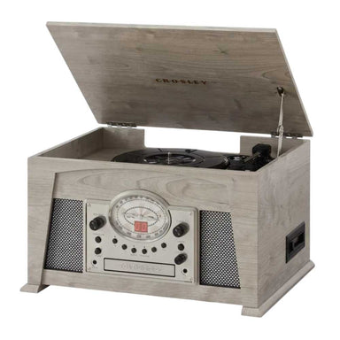 Crosley Medley Entertainment Center - Gray is shown with an angled view of its open lid, revealing the turntable and vintage-inspired dials