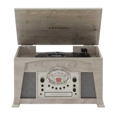 Crosley Medley Entertainment Center - Gray stands open with its sleek gray wood finish and classic analog control design