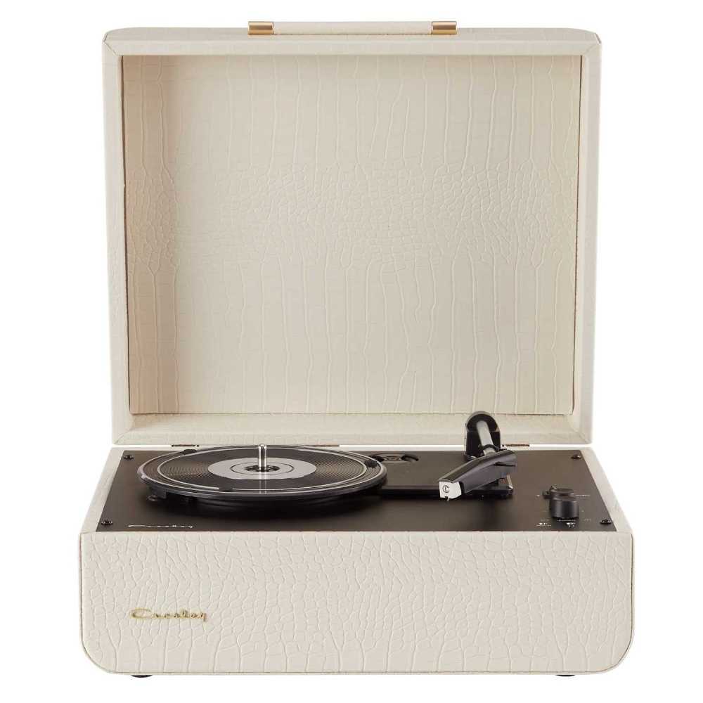 Crosley Mercury Portable Turntable - Cream Croc is displayed with a closed lid, showcasing its cream croc texture and compact, portable design