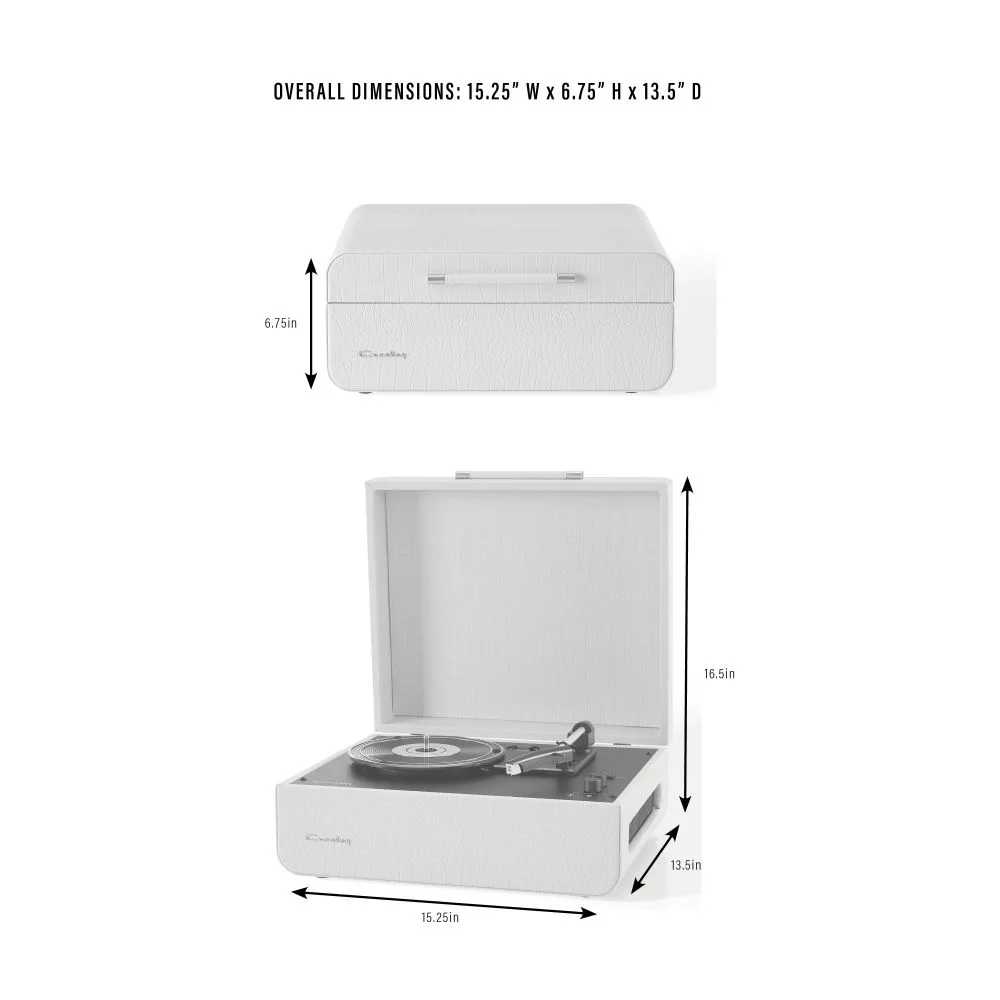 Crosley Mercury Portable Turntable - Cream Croc measures 15.25 W, 6.75 H, and 13.5 D, expanding to 16.5 H when opened