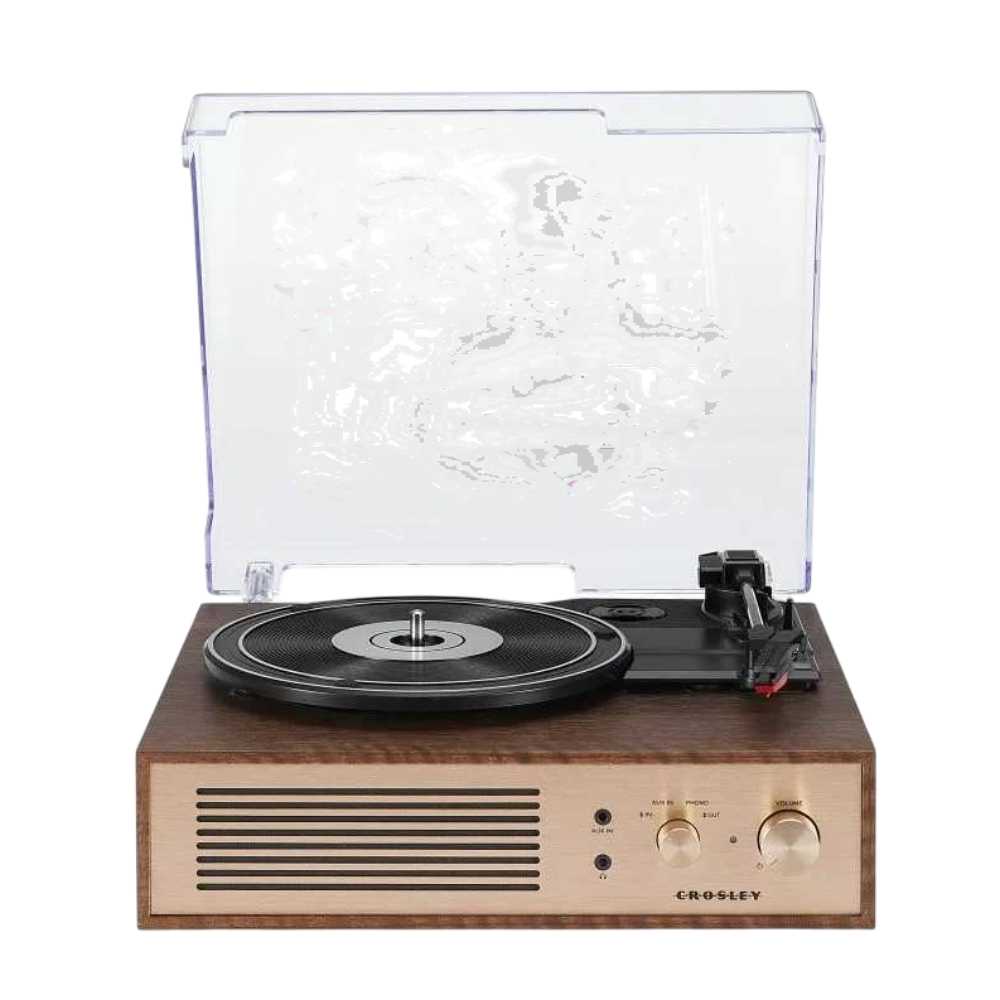 Crosley Miles Record Player - Walnut is displayed front-facing with its lid open, emphasizing its vintage-inspired controls and sleek walnut design