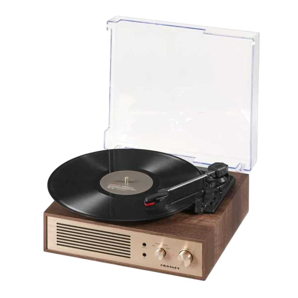 Crosley Miles Record Player - Walnut is displayed with a vinyl spinning, showcasing its sleek walnut finish and clear protective lid