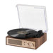 Crosley Miles Record Player - Walnut is shown with a vinyl playing, offering a stylish yet functional display of its tonearm and built-in speaker