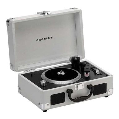 Crosley Mini Cruiser Turntable - White Sand's open lid and black turntable surface