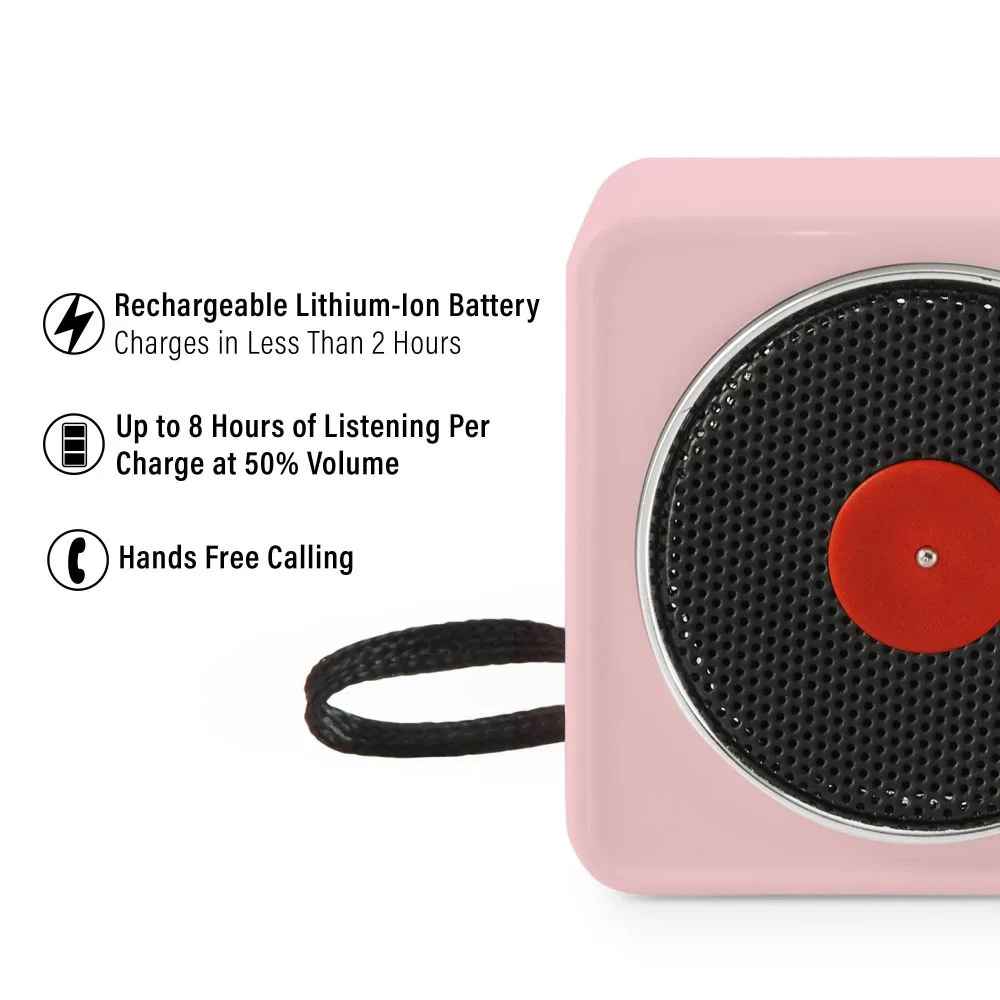 Crosley Mini Turntable Bluetooth Speaker - Pink highlights its features, including a rechargeable battery, 8-hour playback, and hands-free calling