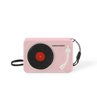 Crosley Mini Turntable Bluetooth Speaker - Pink is shown in a simple front view, featuring a small black speaker with a red center