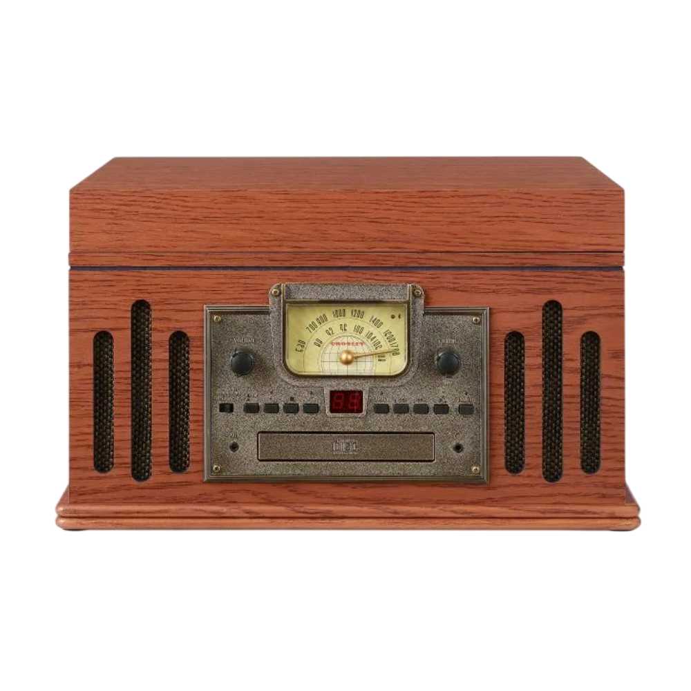 Crosley Musician Entertainment Center - Paprika is shown from the front with a closed lid, highlighting the vintage radio dial, CD slot, and speaker grilles