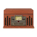 Crosley Musician Entertainment Center - Paprika is shown from the front with a closed lid, highlighting the vintage radio dial, CD slot, and speaker grilles