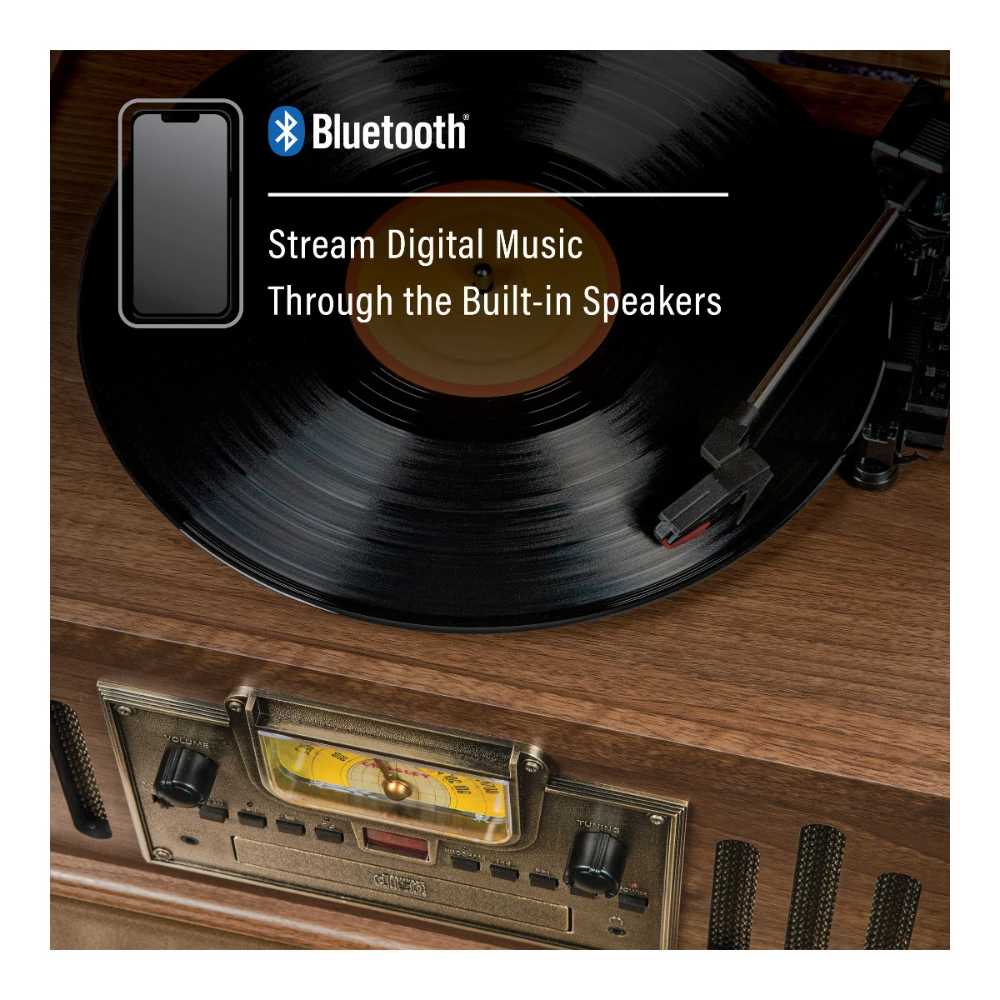 Crosley Musician Entertainment Center - Walnut allows Bluetooth streaming with a smartphone, playing music through its built-in stereo speakers