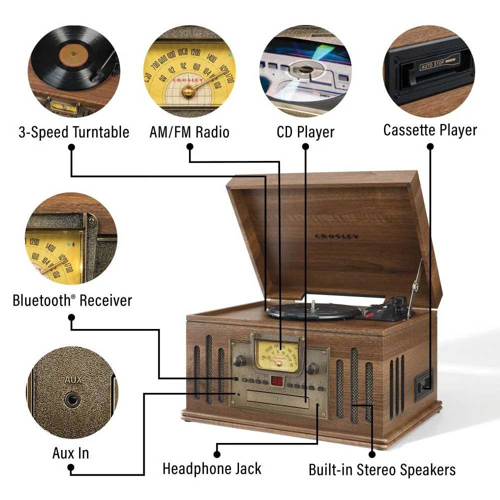 Crosley Musician Entertainment Center - Walnut includes a 3-speed turntable, AMFM radio, CD player, cassette deck, Bluetooth receiver, auxiliary input, and built-in stereo speakers