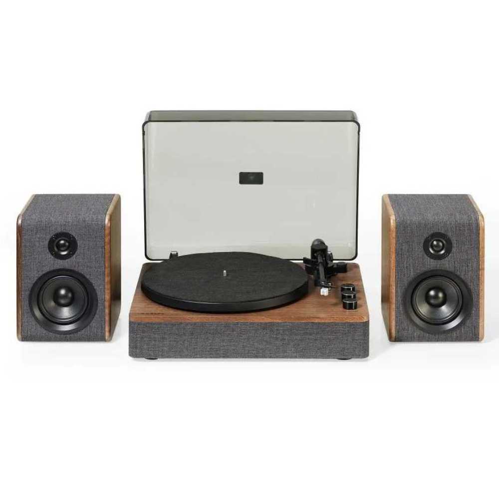 Crosley Nocturne Record Player With Speakers - Charcoal is displayed with the lid open, revealing the platter and tonearm alongside two matching speakers