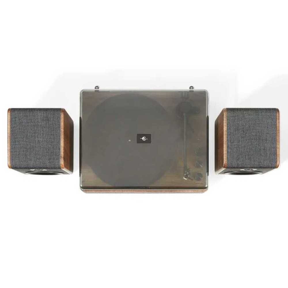 Crosley Nocturne Record Player With Speakers - Charcoal is presented with its transparent dust cover closed in a top-down perspective