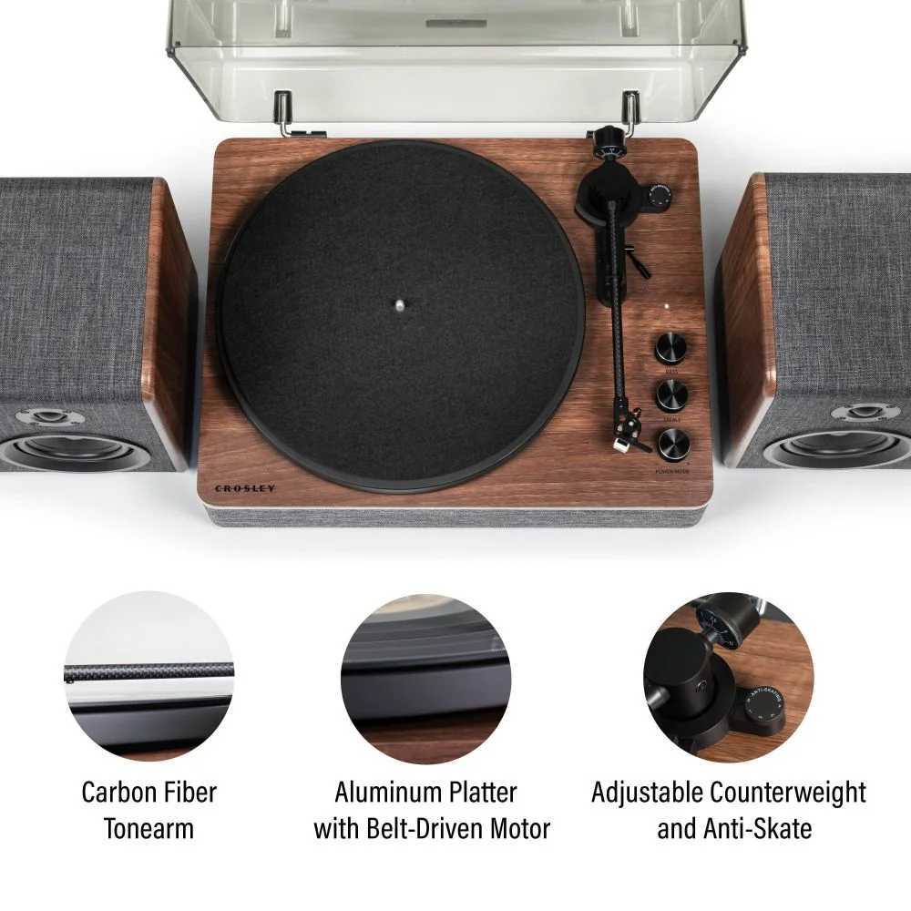 Crosley Nocturne Record Player With Speakers - Charcoal is shown from a top-down view, emphasizing its carbon fiber tonearm, aluminum platter, and adjustable counterweight