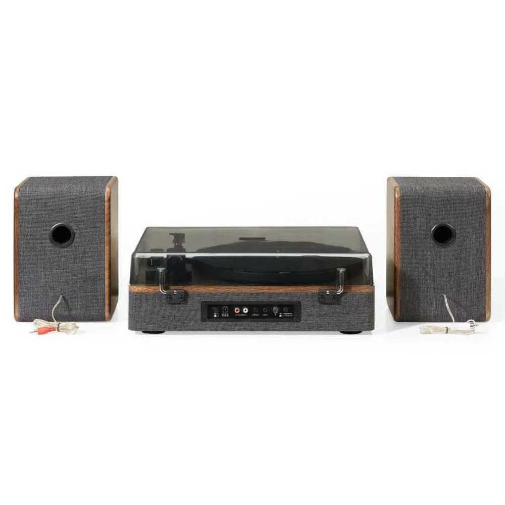 Crosley Nocturne Record Player With Speakers - Charcoal is shown from the back, displaying the connectivity ports and speaker wiring