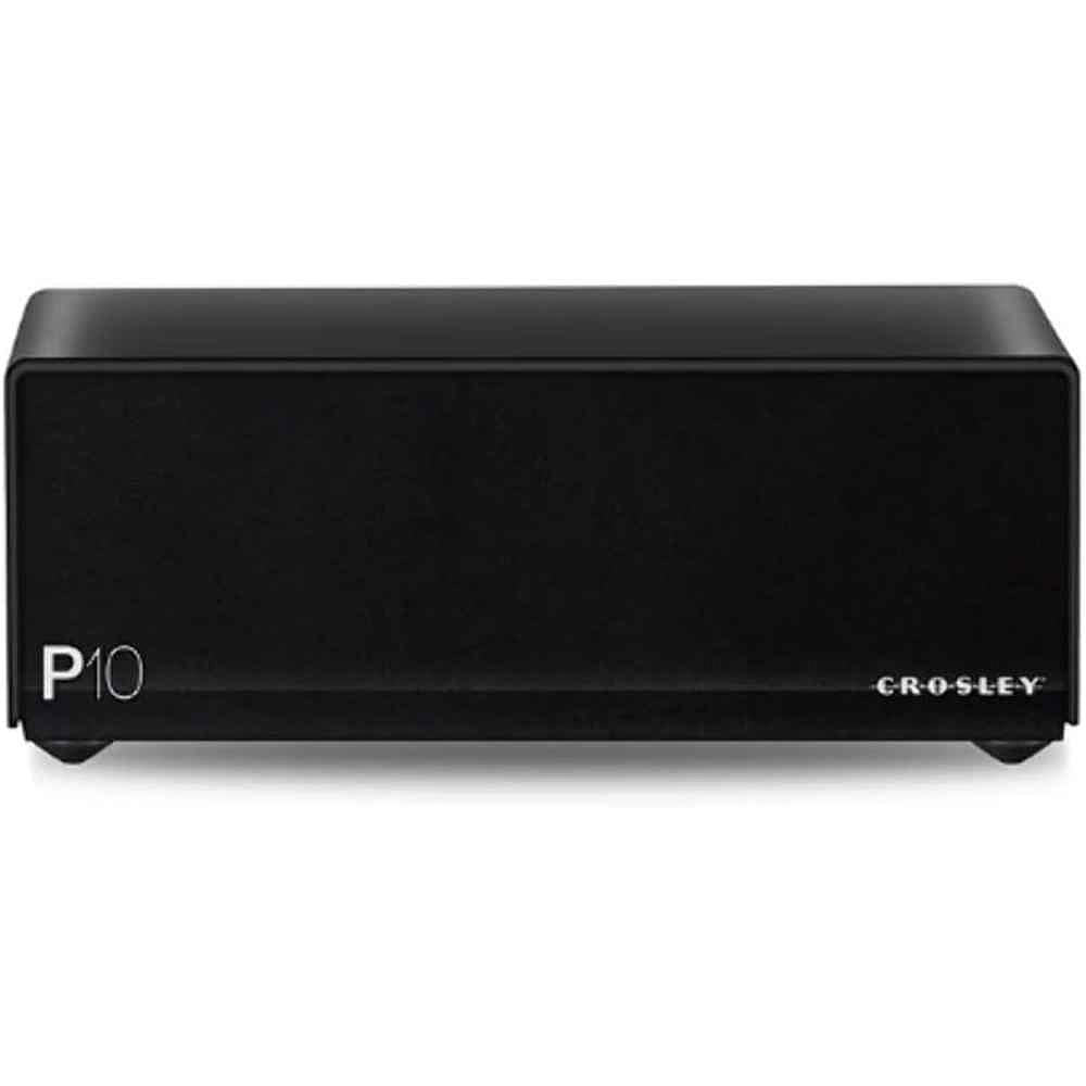 Crosley P10 Phono Preamp - Black, a sleek, rectangular black device with minimalist design and white text P10 on the front left