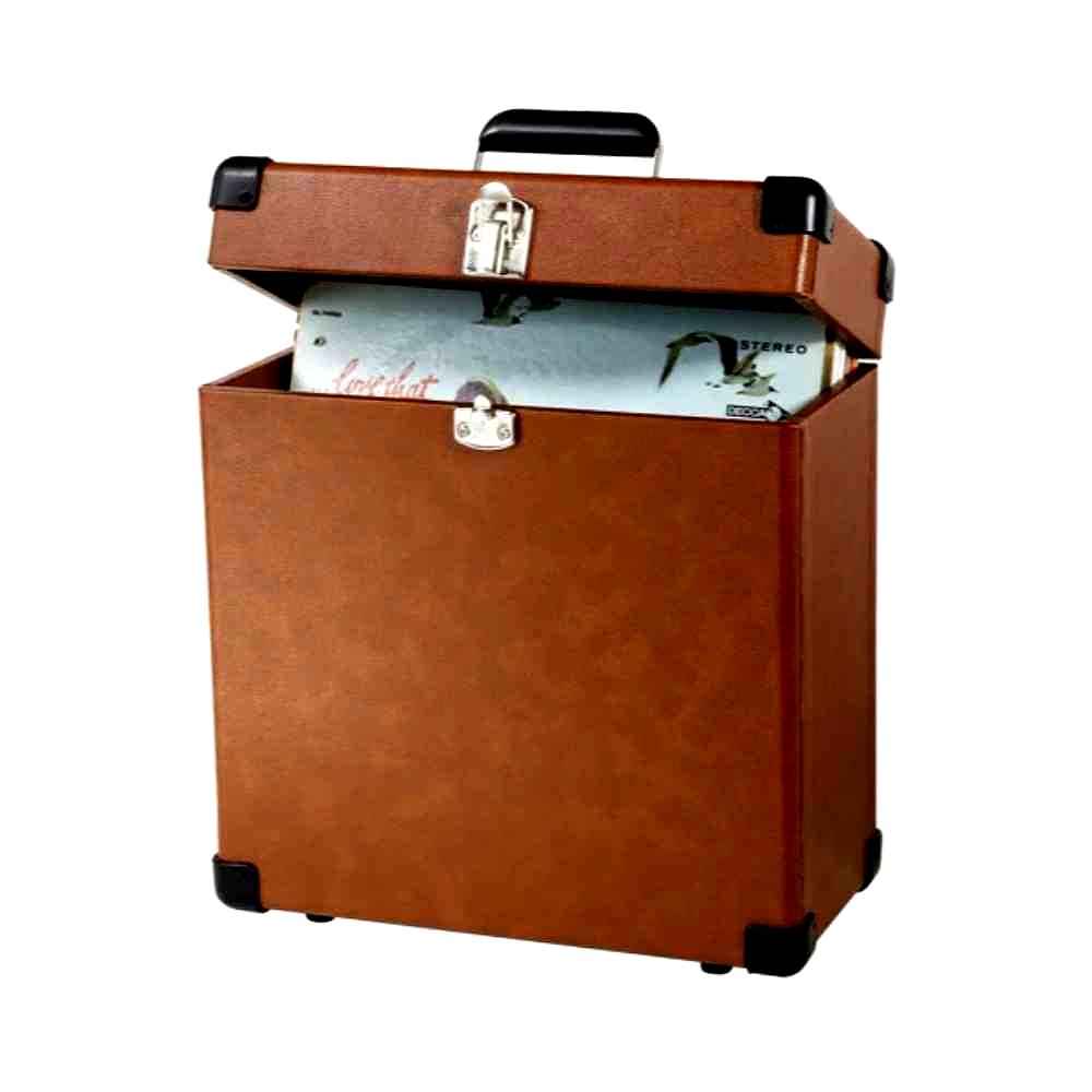 Crosley Platter-Pak LP Record Carrier Case - Tan is open, revealing an LP record stored safely inside