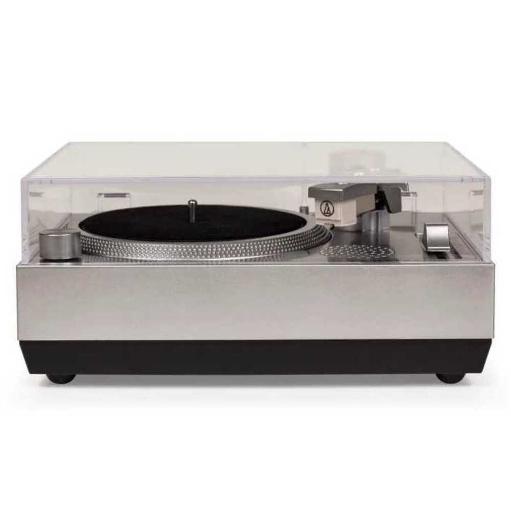 Crosley RSD3 Mini Turntable - Silver is shown from the front with the dust cover closed