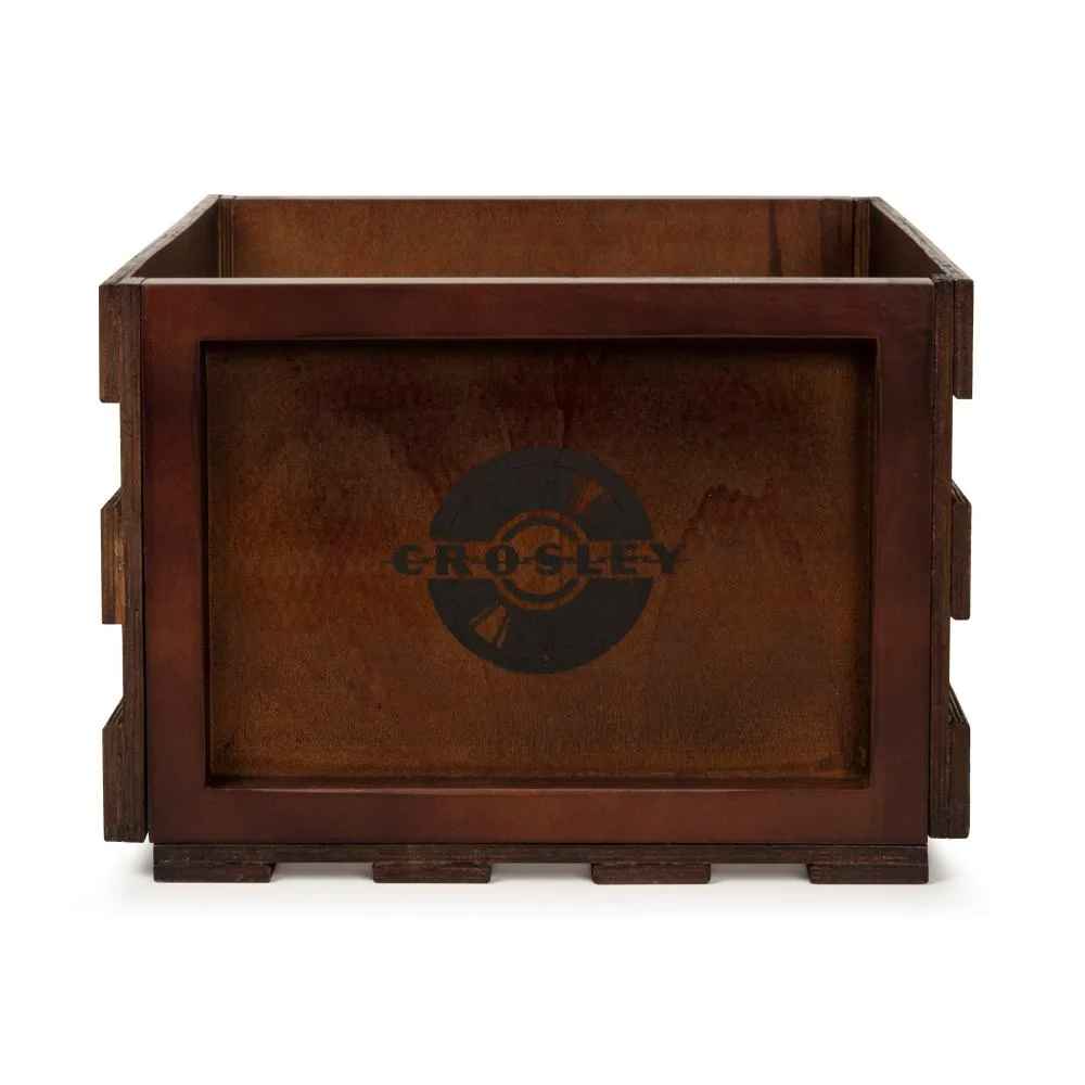 Crosley Record Storage Crate - Mahogany is depicted empty, showcasing its sleek wooden construction and branded logo