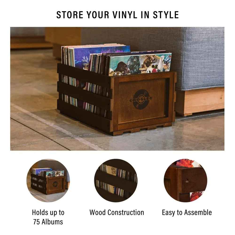 Crosley Record Storage Crate - Mahogany is shown holding a collection of vinyl records