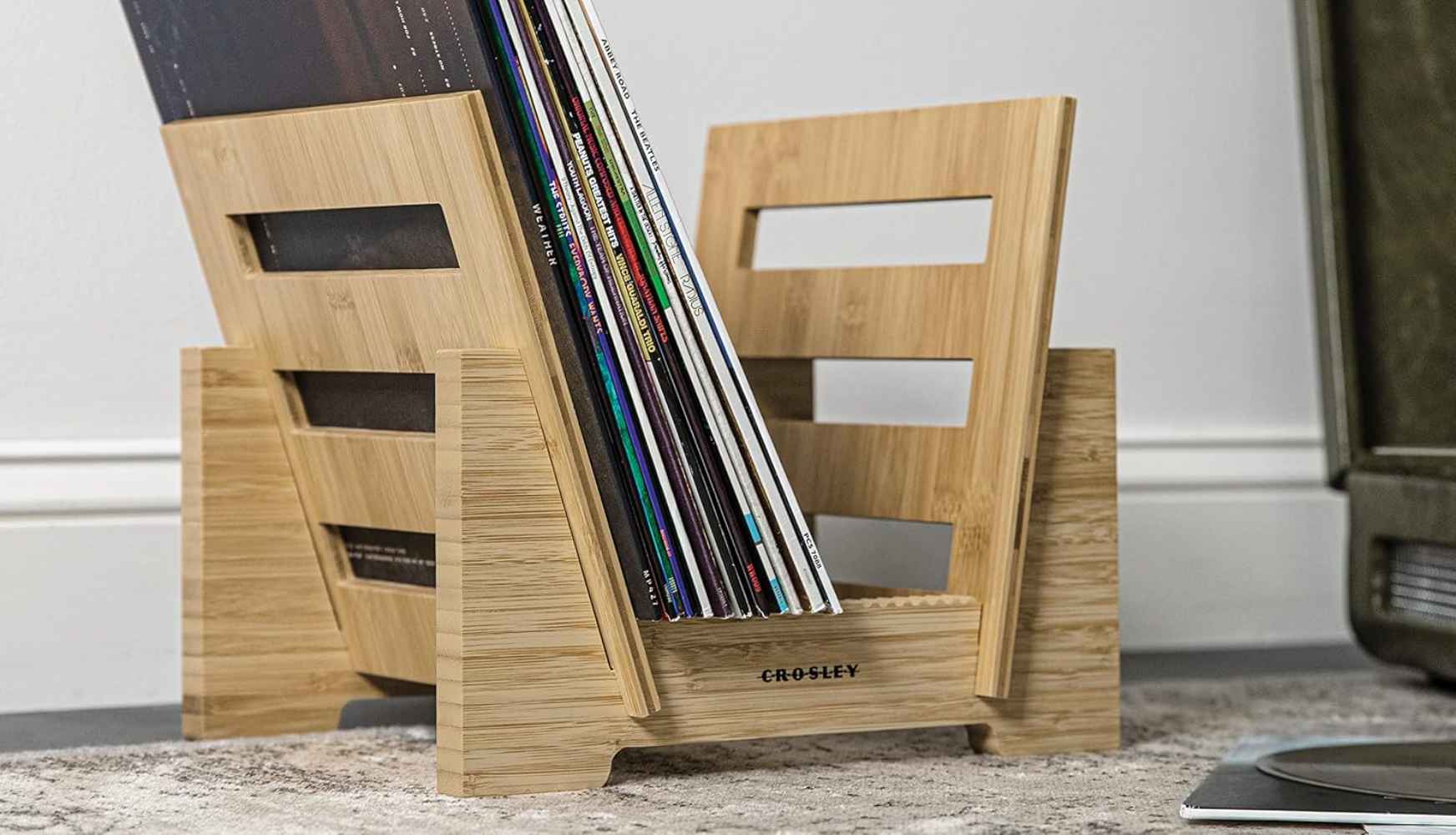 Crosley Record Storage Display Stand - Bamboo features an angled bamboo frame designed to hold vinyl records upright