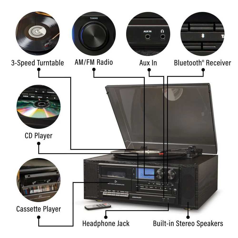 Crosley Ridgemont Entertainment Center - Black can play vinyl records at three speeds (33 13, 45, 78 RPM) with a cueing lever and a protective dust cover