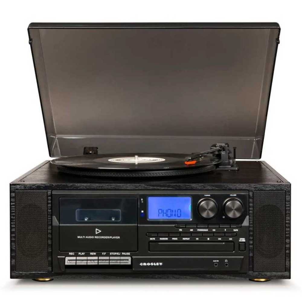 Crosley Ridgemont Entertainment Center - Black features a classic design with a turntable under a transparent dust cover, a cassette player, and a digital display with control buttons