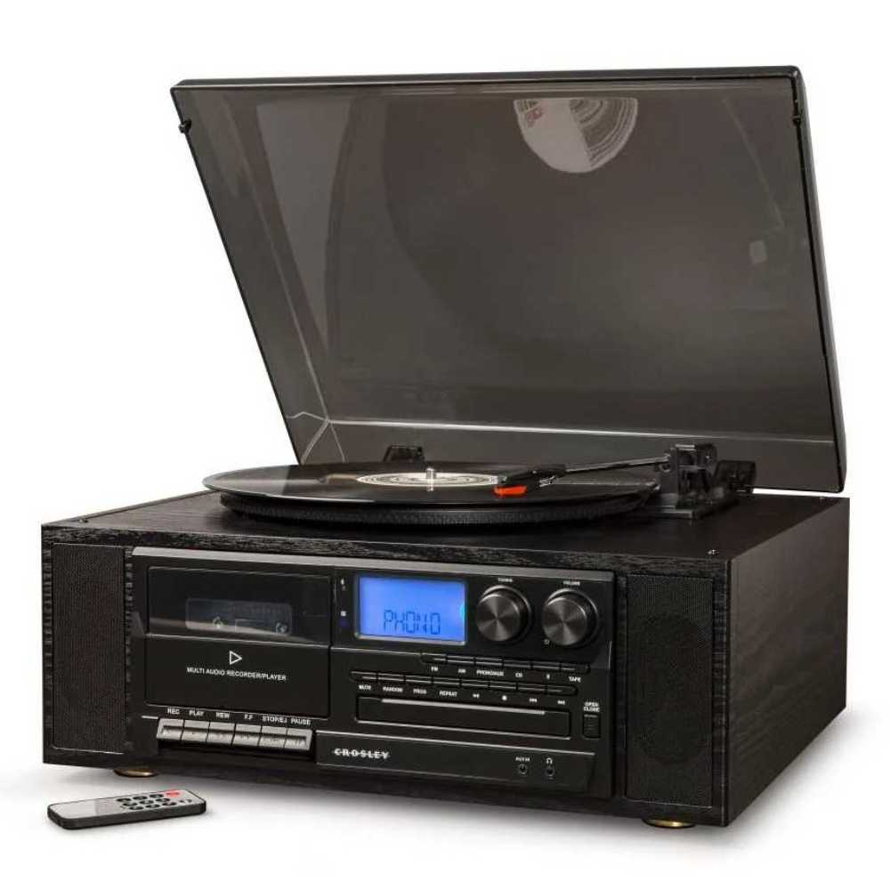 Crosley Ridgemont Entertainment Center - Black includes a remote control for convenient playback management along with its multifunctional audio features