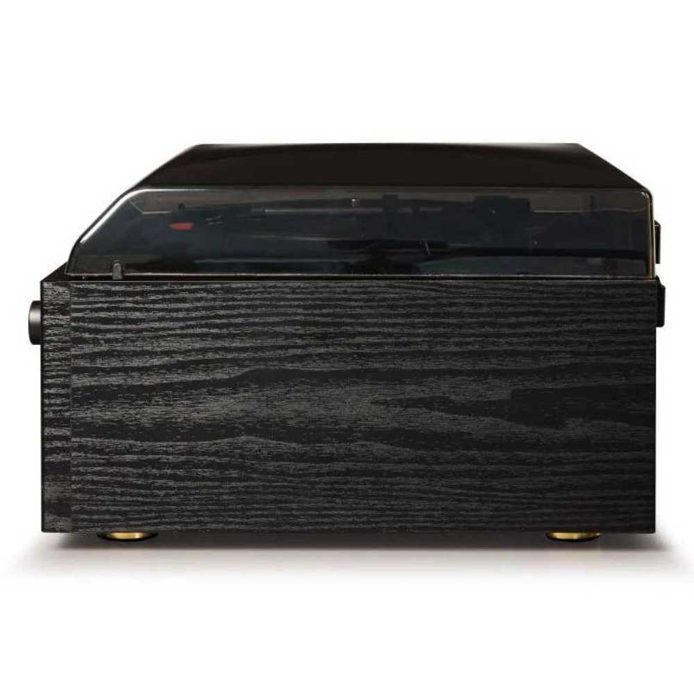 Crosley Ridgemont Entertainment Center - Black is shown from a side view, highlighting its woodgrain black finish and transparent dust cover