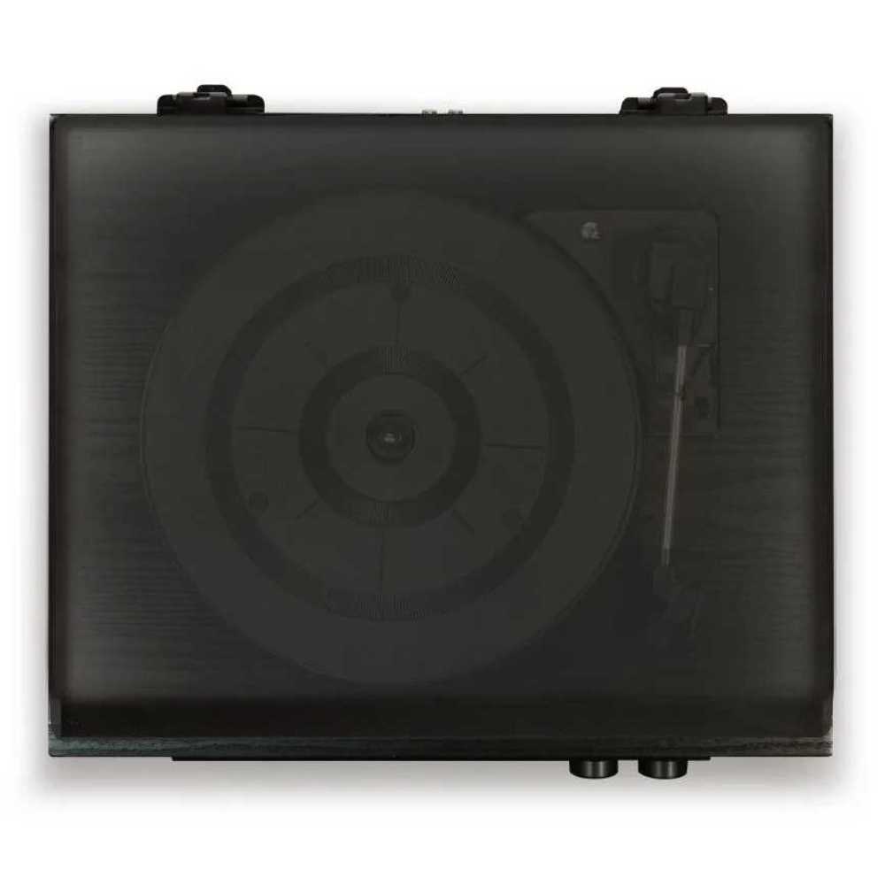 Crosley Ridgemont Entertainment Center - Black is shown from a top view with its dust cover closed, displaying the turntable's platter and tonearm faintly visible through the cover