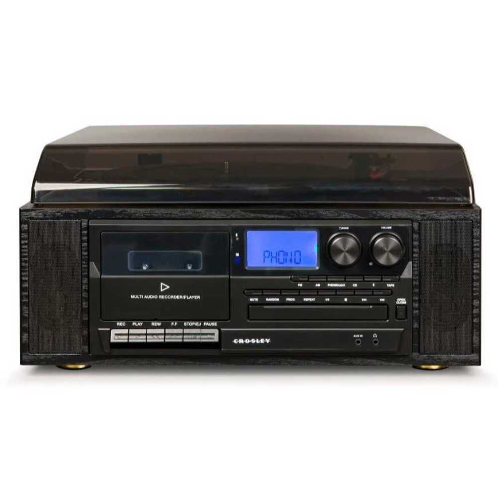 Crosley Ridgemont Entertainment Center - Black is shown from the front with a closed dust cover, clearly displaying the cassette player, control panel, CD player, and stereo speakers