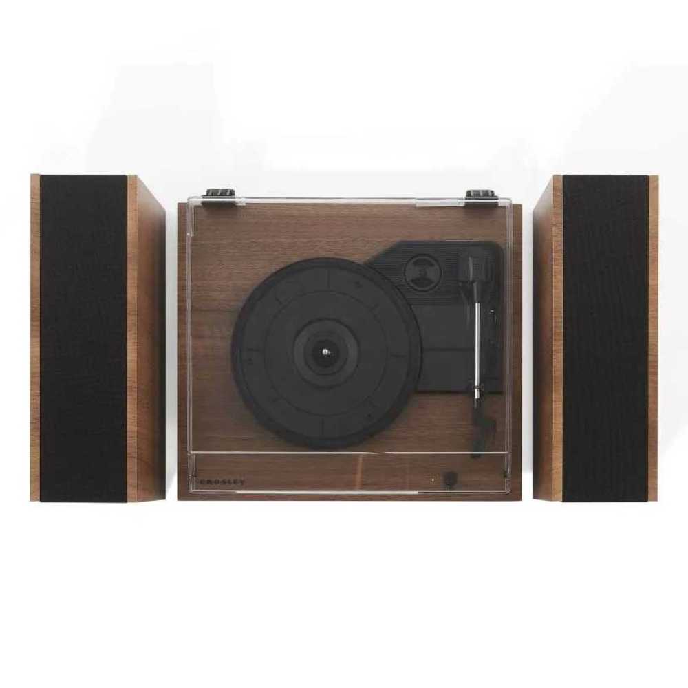 Crosley Riff Record Player With Speakers - Walnut displays a top view with a closed dust cover and both speakers beside the turntable