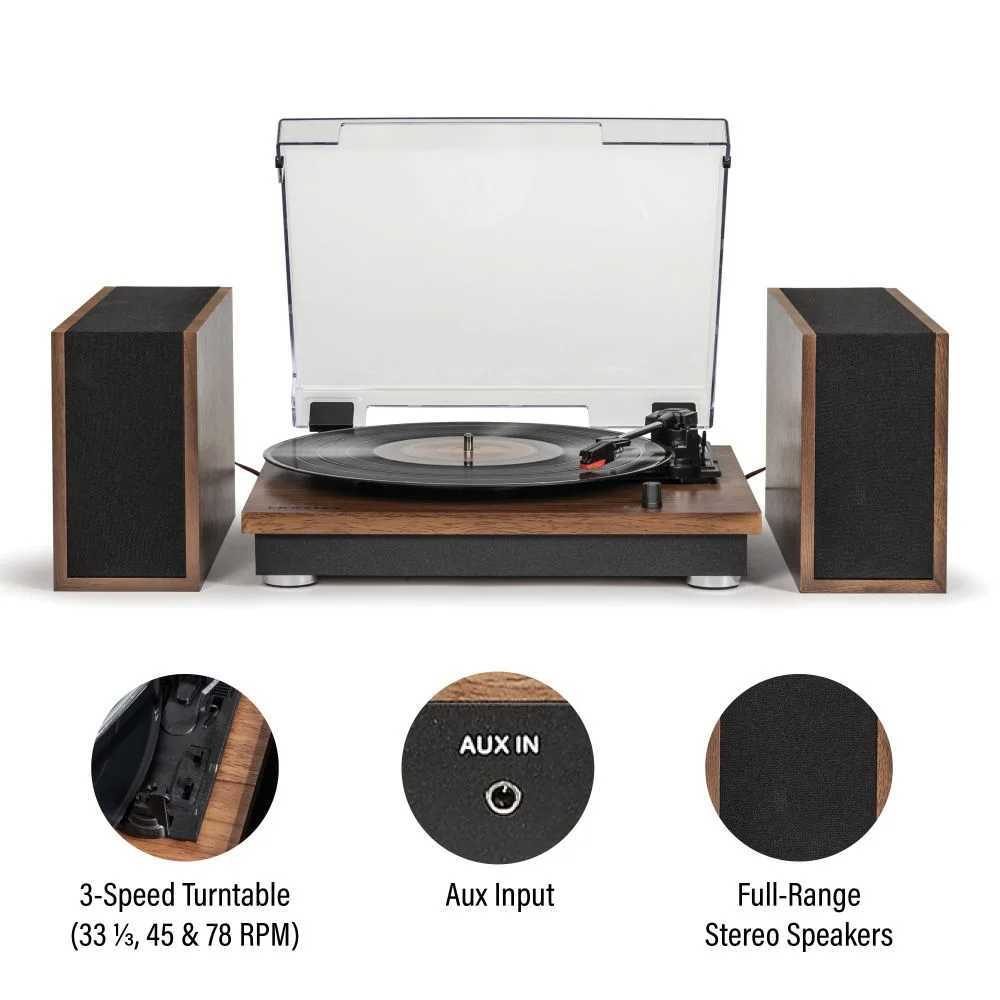 Crosley Riff Record Player With Speakers - Walnut features a front view, showing its 3-speed turntable, aux input, and full-range stereo speakers