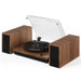 Crosley Riff Record Player With Speakers - Walnut has its speakers standing vertically next to the turntable