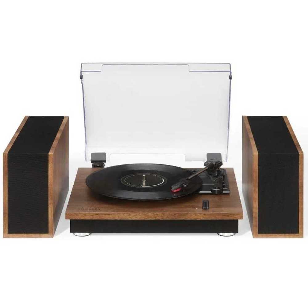 Crosley Riff Record Player With Speakers - Walnut is displayed front-facing with both speakers placed vertically on each side for a symmetrical layout