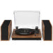 Crosley Riff Record Player With Speakers - Walnut is displayed front-facing with both speakers placed vertically on each side for a symmetrical layout