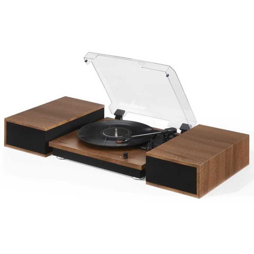 Crosley Riff Record Player With Speakers - Walnut is displayed with the speakers positioned horizontally on either side