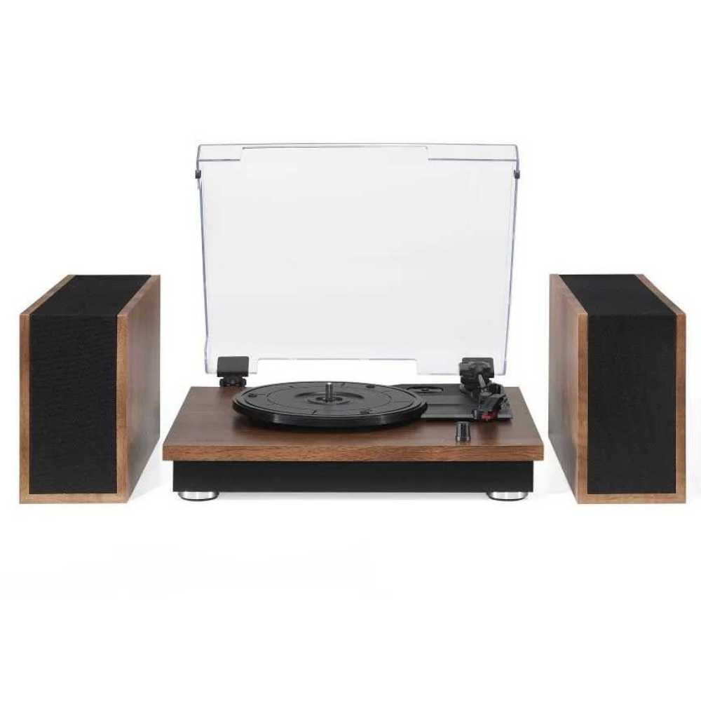 Crosley Riff Record Player With Speakers - Walnut is presented front-facing with the turntable lid open and both speakers standing vertically