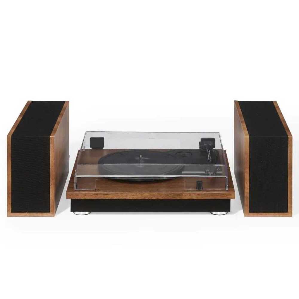 Crosley Riff Record Player With Speakers - Walnut is shown with a closed dust cover and both speakers vertically aligned beside the turntable