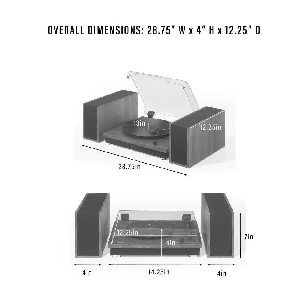 Crosley Riff Record Player With Speakers - Walnut is shown with detailed dimensions, including a 28.75-inch width, 4-inch height, and 12.25-inch depth