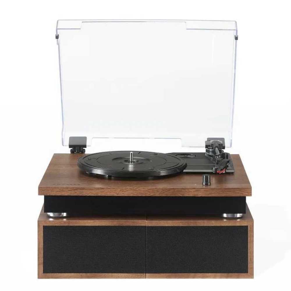 Crosley Riff Record Player With Speakers - Walnut is shown with its dust cover open, highlighting the turntable platter and speakers stacked below