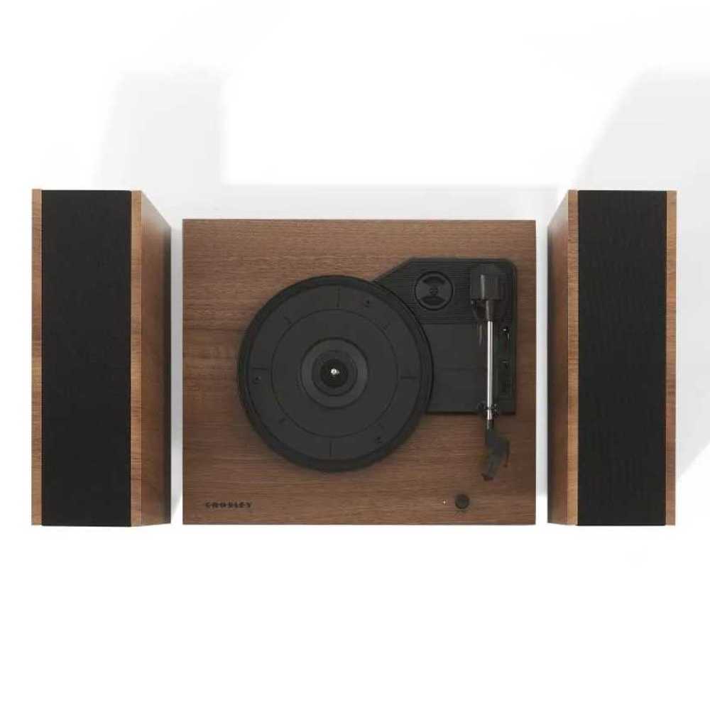 Crosley Riff Record Player With Speakers - Walnut showcases a top-down view without the dust cover, focusing on the turntable's platter and tonearm