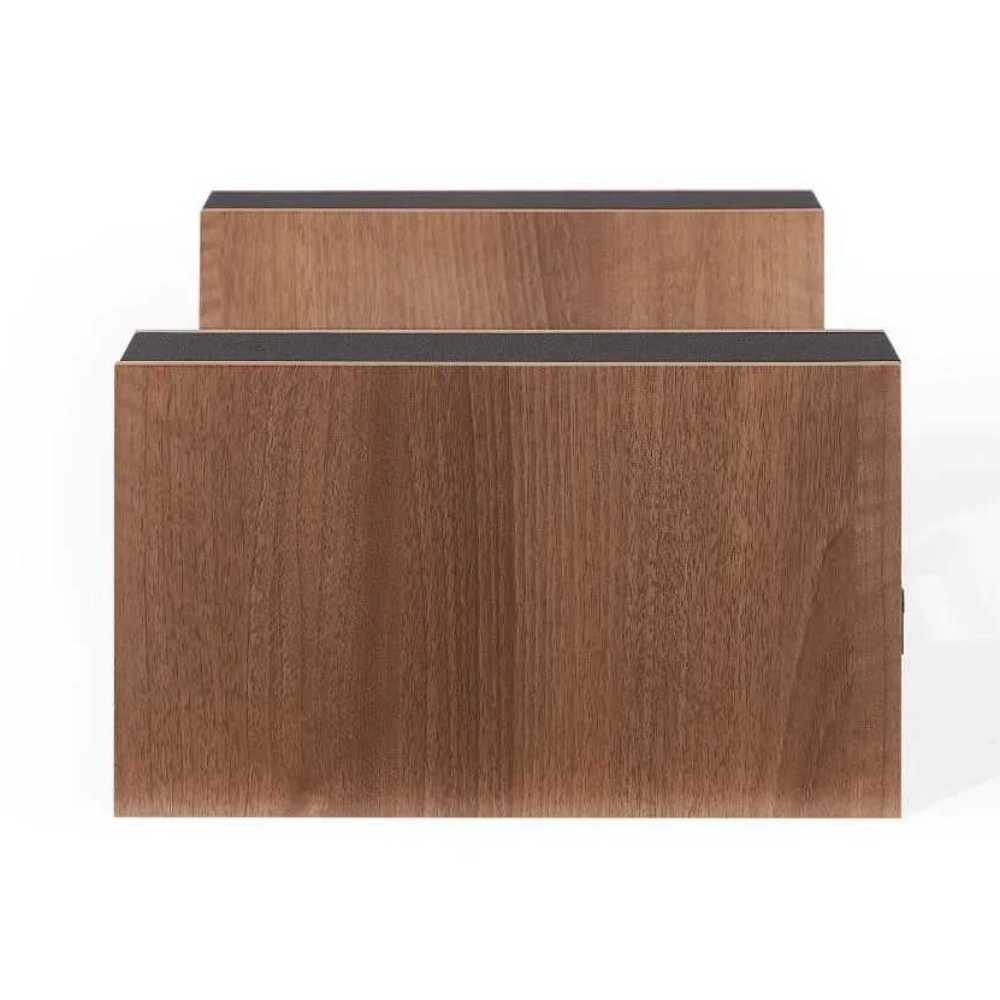 Crosley Riff Record Player With Speakers - Walnut shows a close-up view of the two walnut wood speakers from the side