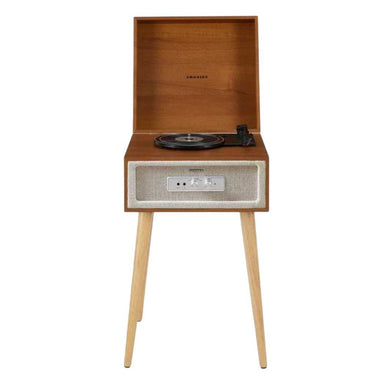 Crosley Rohe Turntable - Natural is captured from the front with the legs attached, lid open, and the turntable platter empty