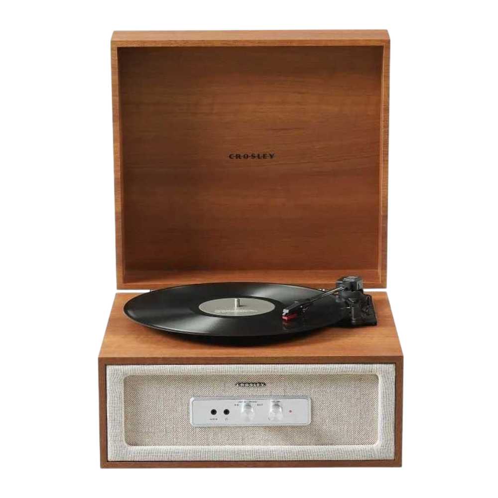 Crosley Rohe Turntable - Natural is captured from the front with the lid open, showing a vinyl spinning and the control panel visible