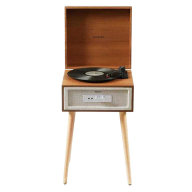 Crosley Rohe Turntable - Natural is displayed from a front angle with the lid open, showing the vinyl spinning and control panel visible