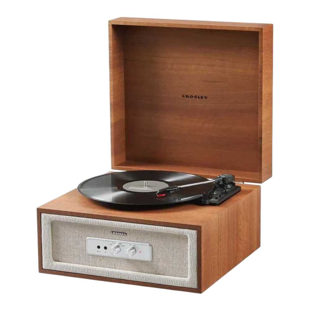 Crosley Rohe Turntable - Natural is displayed without legs, sitting flat with a vinyl record playing and the lid open