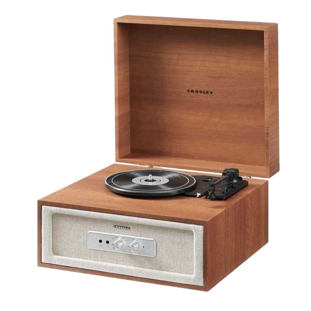 Crosley Rohe Turntable - Natural is displayed with the lid open and no vinyl, showing the platter and tonearm ready for use