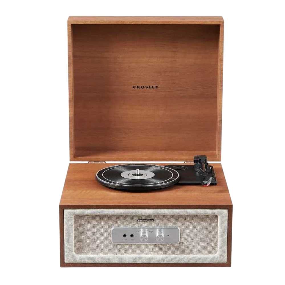 Crosley Rohe Turntable - Natural is presented from the front with the lid open, highlighting the compact design and control panel