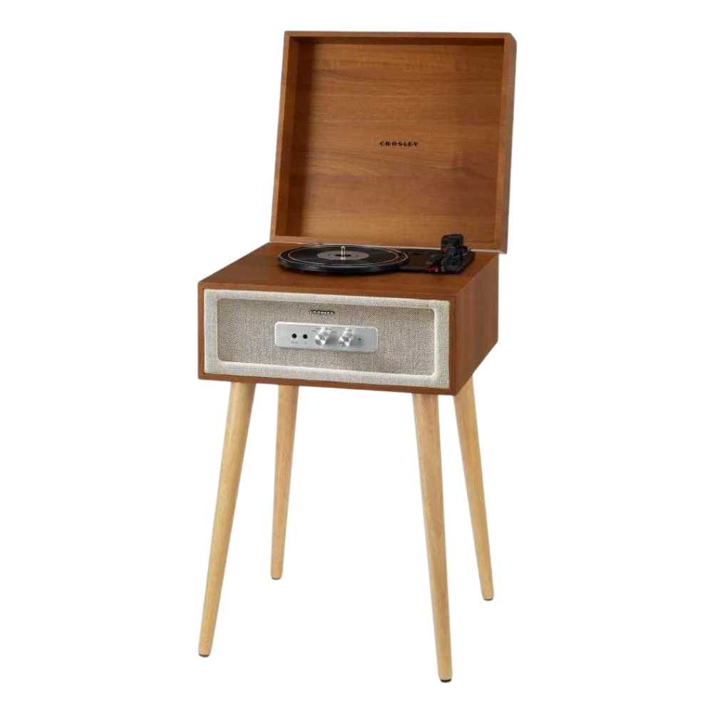 Crosley Rohe Turntable - Natural is shown with its legs attached, lid open, and turntable platter ready for vinyl playback